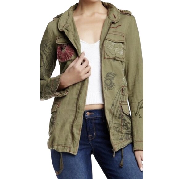 Desigual Embroidered Distressed Green Hooded Jacket Sz M Eclectic Edgy Artsy - Picture 1 of 16